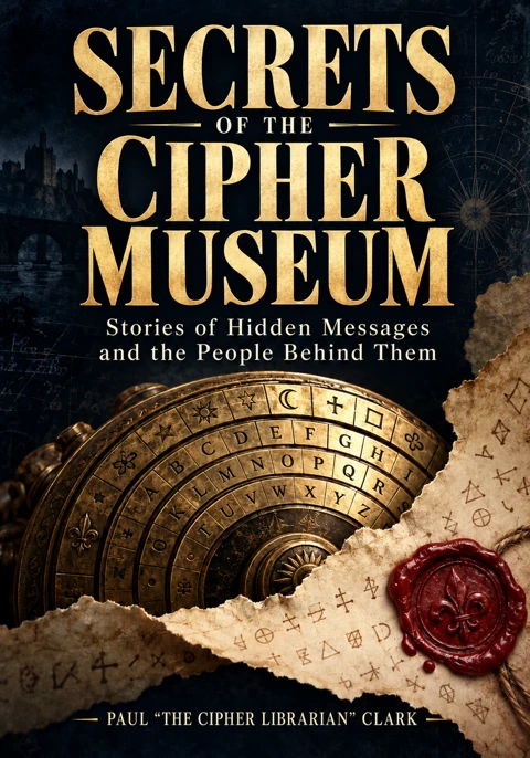 Secrets of the Cipher Museum by Paul ‘The Cipher Librarian’ Clark. Gold lettering above a cipher wheel, a torn letter, and a red wax seal.